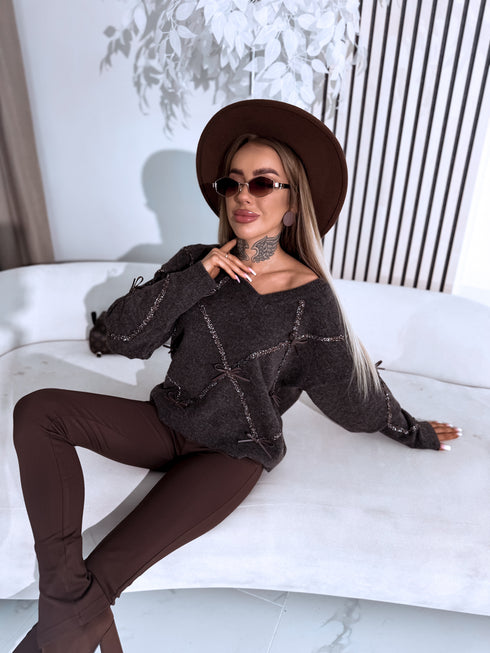 Knitted sweater "GLITTER BOW MO-4006" - CHOCO